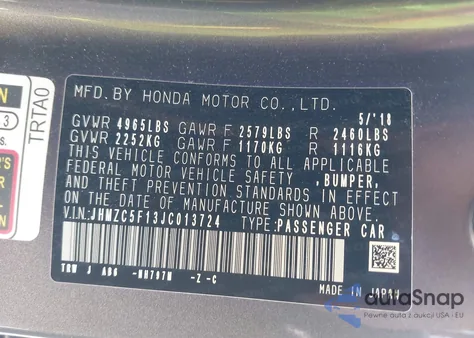 2018 Honda Clarity Plug-In Hybrid from USA, damaged, VIN JHMZC5F13JC013724